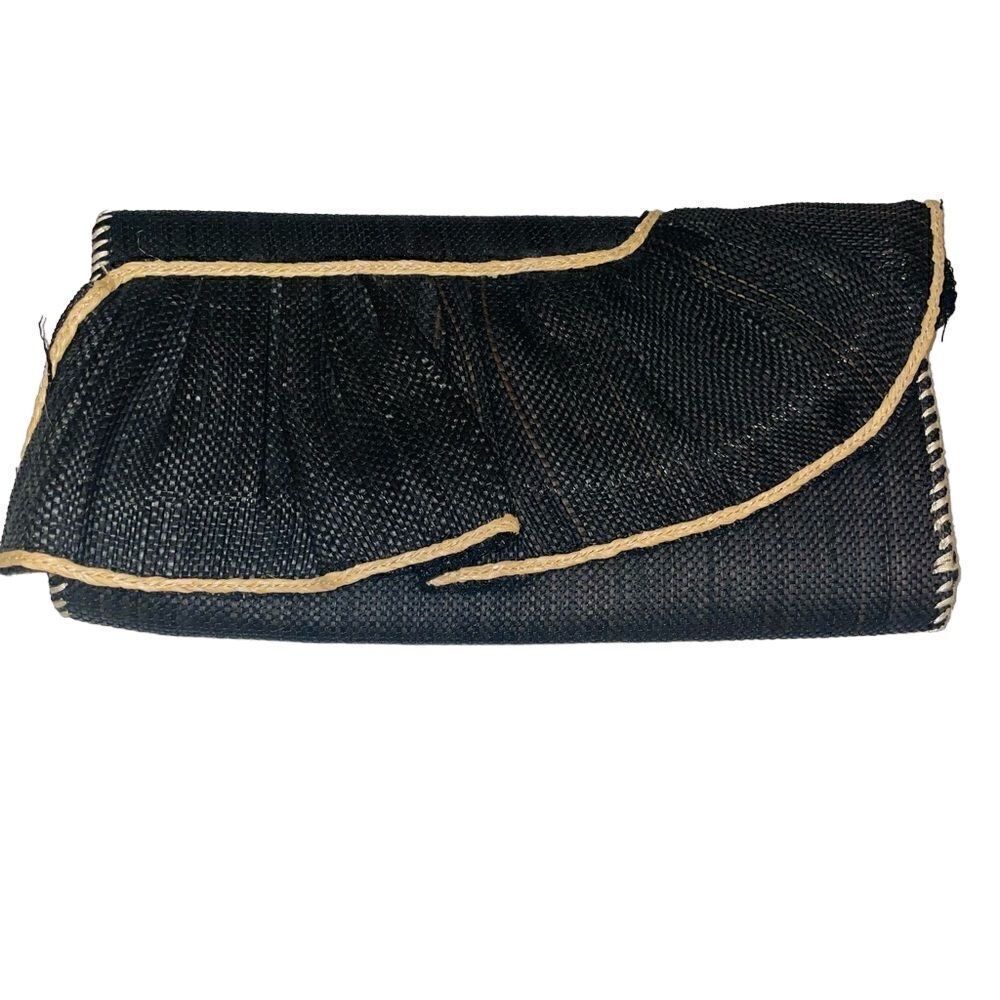 Woven Ruffle Clutch Black Straw Evening Bag Party Purse